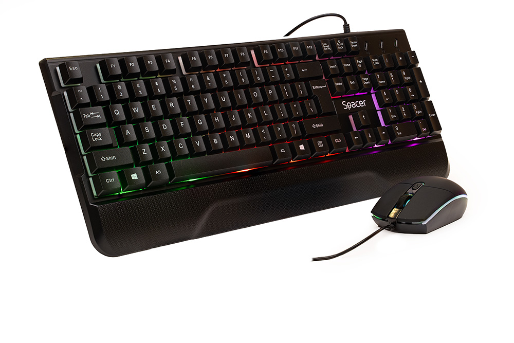 Kit gaming Invictus, Spacer , USB, tastatura RGB rainbow + mouse optic 7 culori, negru