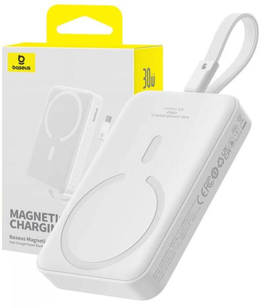Powerbank, Baseus, 10000mAh, USB-C, 30W, MagSafe, Alb