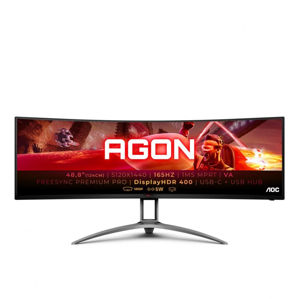 Monitor gaming curbat LED VA AOC 49″, Dual QHD, DisplayPort, 165Hz, FreeSync Premium, G-Sync compatible, Vesa, Negru/Rosu