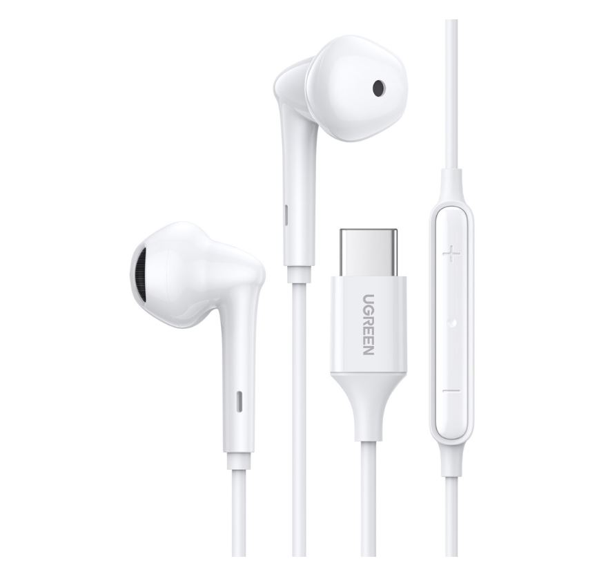 Casti audio, UGREEN, EP101, Alb, In-Ear, Conector USB-C, Microfon integrat, Telecomanda