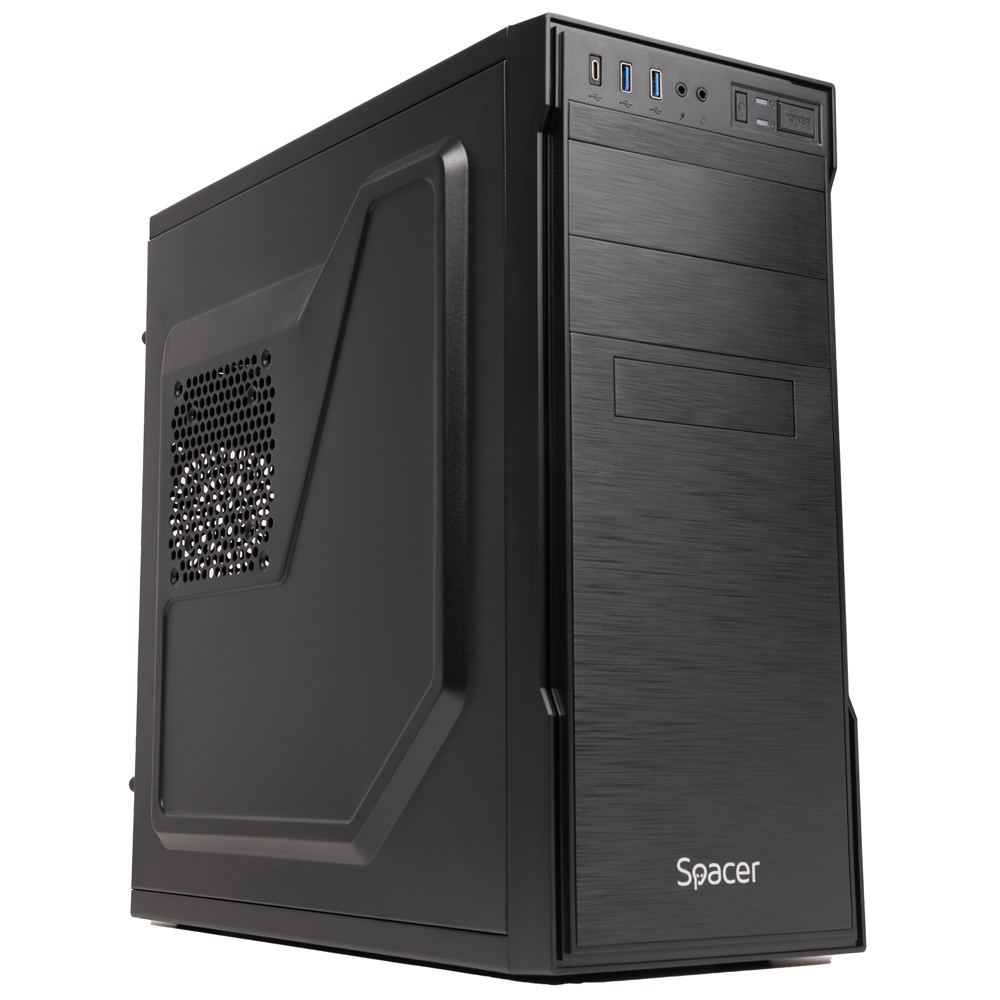 Carcasa SPACER office, Middle Tower, ATX, „APOLLO”, sursa 250W (250W for 500 Desktop PC), USB 3.0 x 2, USB Type C x 1, HD Audio, negru