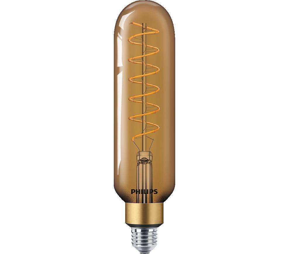 Bec LED vintage Philips Classic-Giant T65, intensitate luminosa reglabila (dimabil), E27, 7W (40W), 470 lm, lumina calda tip flacara (1800K), Auriu, 27.3×6.6 cm