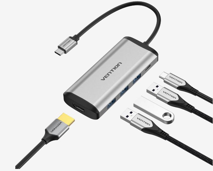 Hub USB tip C 5 in 1 – Port USB de incarcare , USB 3.0, HDMI si PD , 4K Ultra HD , Macbook si Windows, Vention