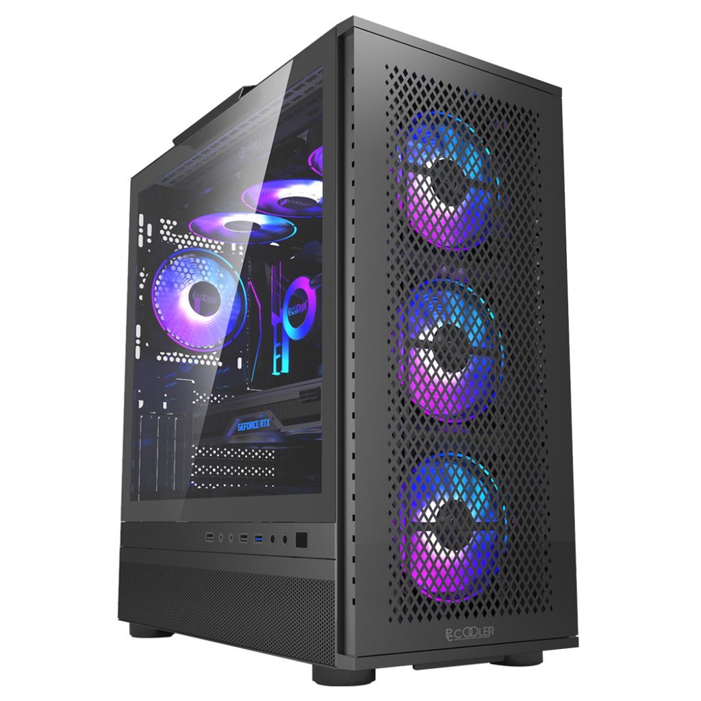 Carcasa PCCOOLER, Tower, ATX, fara sursa, sticla securizata, 3 ventilatoare incluse, iluminare ARGB, negru, USB 3.2 gen 1 x 1, USB 2.0 x 2, mic, audio