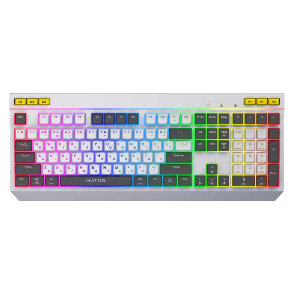 Tastatura gaming mecanica cu fir Hator Icefall, conectivitate USB, iluminare RGB, tip switch membrana, material taste ABS cu gravare laser si acoperire UV, Alb
