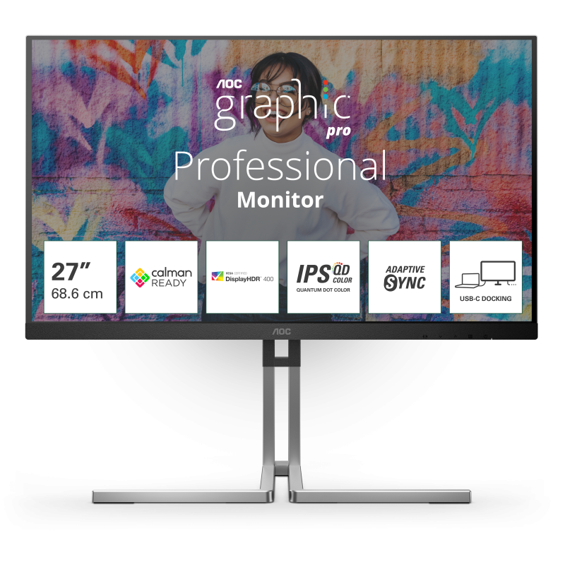 Monitor AOC, 27″, IPS, QD, QHD, 75Hz, 4ms, HDR400, FlickerFree, Boxe 3W x 2, HA, Pivot, HDMI, DisplayPort, DaisyChain, USB, hub, USC-C, RJ45, Q27U3CV, Negru