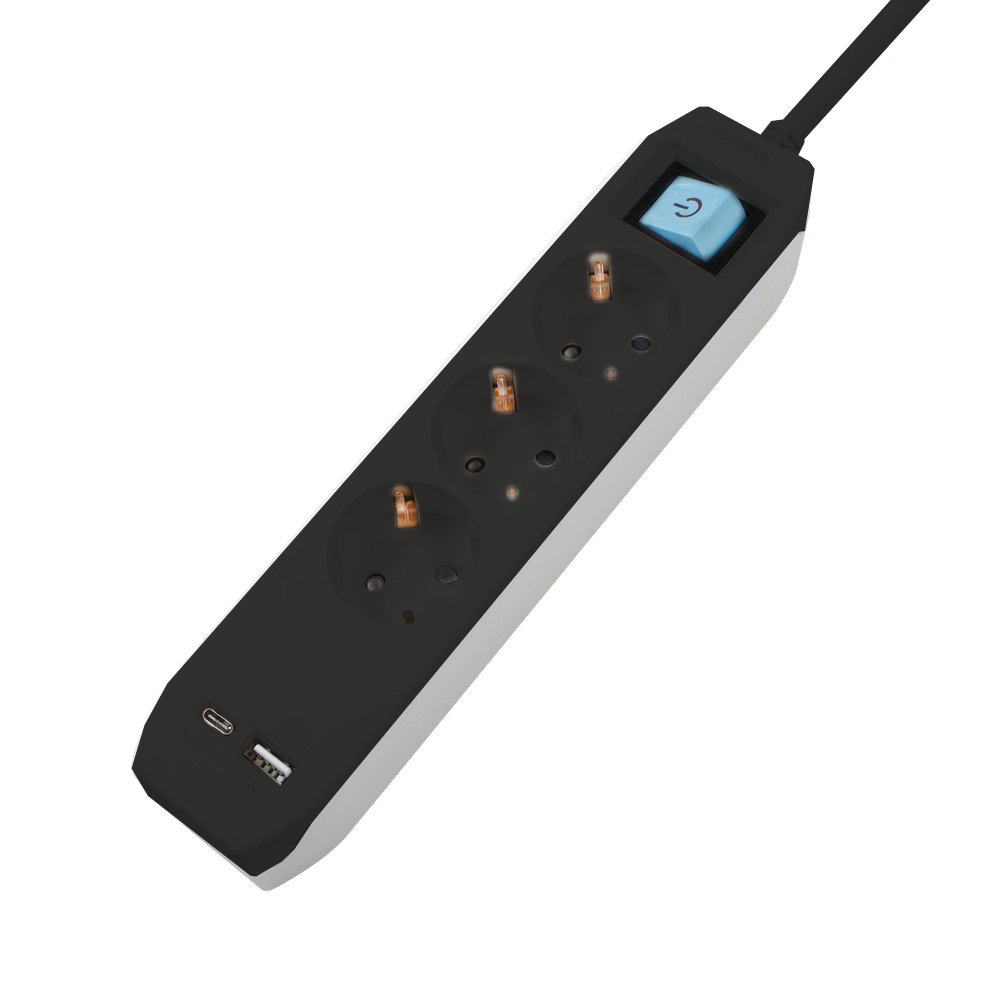 Prelungitor SPACER, Schuko x 3, Type-C x1, USB x 1, 3.1A, cablu 1.8m, 16 A, max. 3500W, protectie copii, Intrerupator, Negru