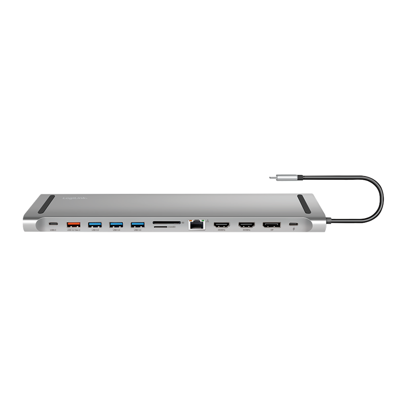 DOCKING Station LOGILINK universal, conectare PC USB TYPE-C 3.2, USB-C PD x 1, USB-C x 1, USB-A 3.0 x 3, porturi video DP x 1, HDMI x 2, RJ-45, 3.5mm x 1, card reader, PD 3.0 pana la 100W, argintiu, „UA0411” (timbru verde 0.18 lei)