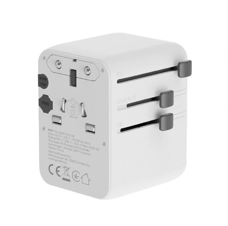 Adaptor calatorie Gembird TPA-2A3C70-01-W, 70W, 3 porturi USB, alb, set cu adaptoare US/UK/EU/AU