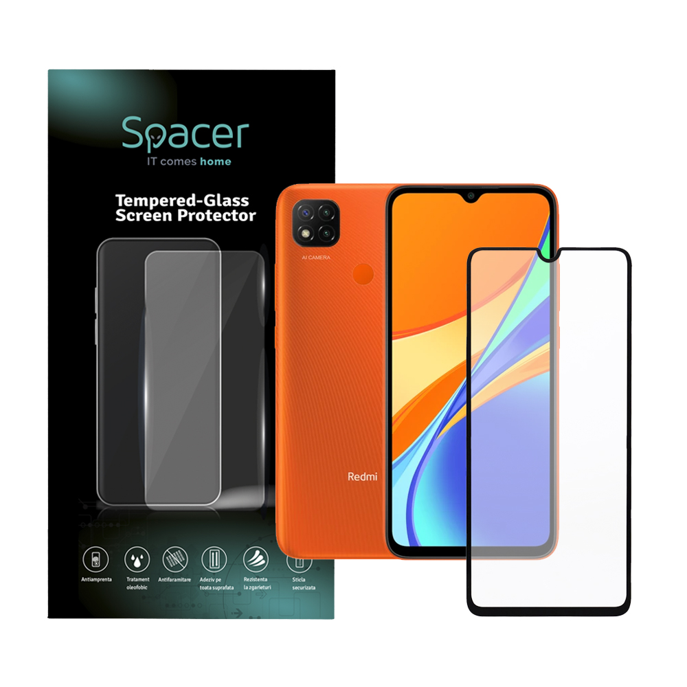 Folie de protectie Spacer pentru Xiaomi Redmi 9C, sticla 9D, duritate 9H, Tempered Glass