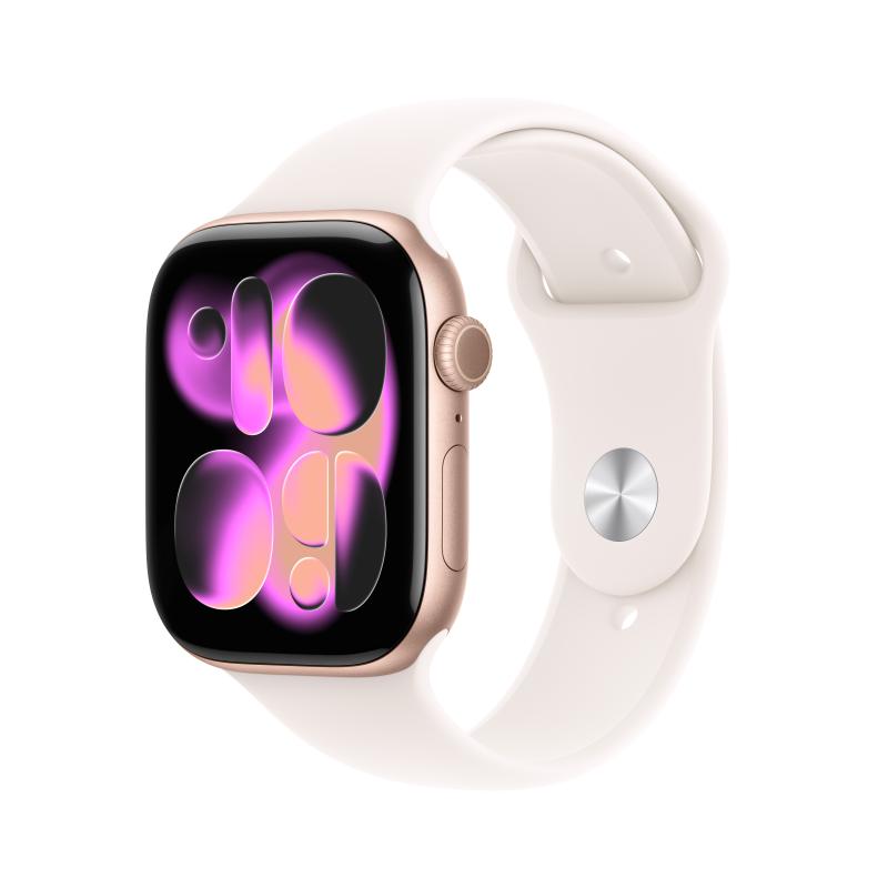 Apple Watch 11 GPS + Cellular, Carcasa Rose Gold Aluminium 46mm, Light Blush Sport Band – S/M