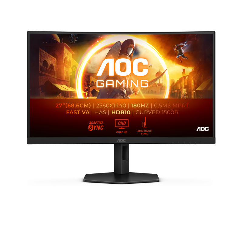Monitor Gaming AOC, Curbat, 27″, VA, QHD, 180Hz, 1ms, 0.5ms, HDR10, FlickerFree, HA, HDMI, DisplayPort, CQ27G4X, Negru