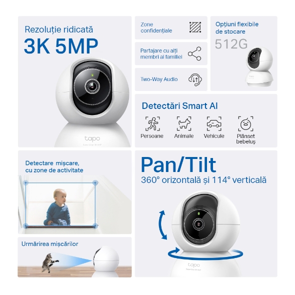 Camera de supraveghere Smart TP-Link Tapo C230 cu Pan/Tilt 360 grade, 5MP, 3K, 2880x1620, Utilizare Baby Monitor, Wireless, Night Vision, Detectare Smart AI, Two-Way Audio, Alarma sonora si luminoasa, Control Vocal, ONVIF 3 Camera de supraveghere Smart TP-Link Tapo C230 cu Pan/Tilt 360 grade, 5MP, 3K, 2880x1620, Utilizare Baby Monitor, Wireless, Night Vision, Detectare Smart AI, Two-Way Audio, Alarma sonora si luminoasa, Control Vocal, ONVIF - imagine 3