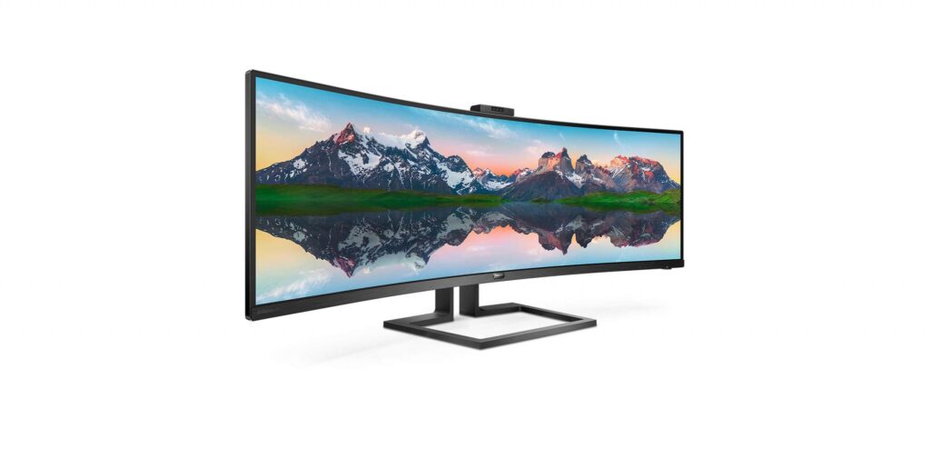 Monitor curbat LED VA Philips 48.8″, Ultra wide, 32:9, 1800R, 5k Dual Quad HD, HDR 400, Adobe RGB 91%, Adaptive-Sync, DCI-P3 94%, Flicker-free, Display Port, LAN, Negru, 499P9H