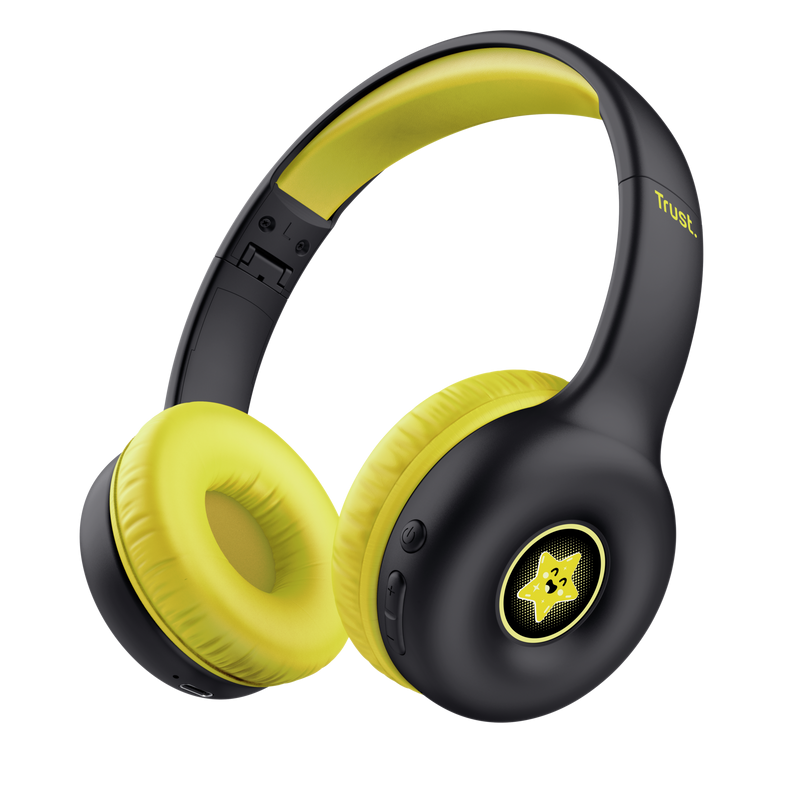 Casti wireless pentru copii Trust Nouna, Bluetooth, limitare volum 85 dB, design pliabil, negru/galben