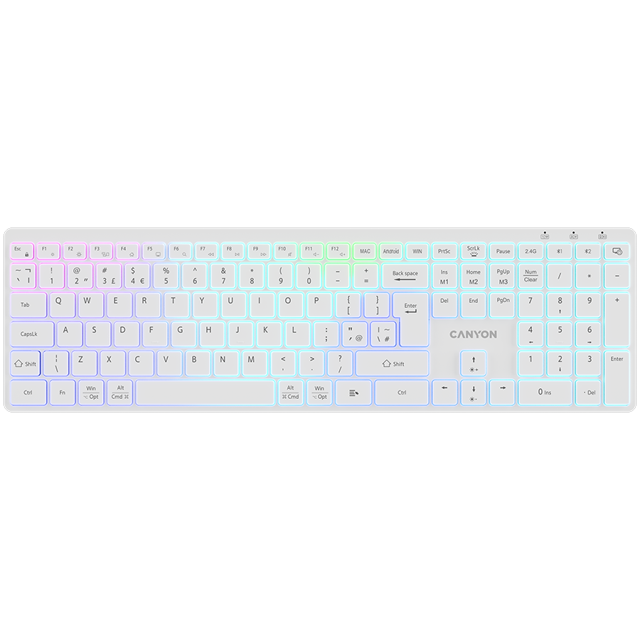 Tastatura wireless CANYON CNS-HBTK11W, Layout UK/US, RGB, Dual Mode Alb