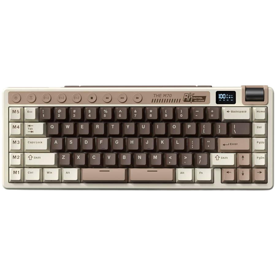 Tastatura Gaming Royal Kludge RK M70, Beige switch, iluminare RGB, Wired, Wireless 2.4Ghz, Bluetooth Crem/Maro