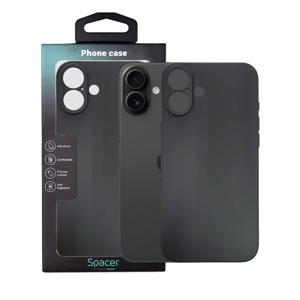 Husa Iphone 16 Plus Spacer, grosime 1.5mm, material flexibil TPU, negru