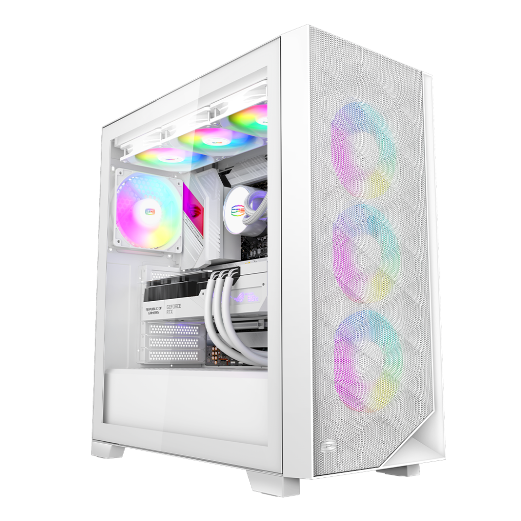 Carcasa PCCOOLER, Middle Tower, ATX, fara sursa, sticla securizata, 3 ventilatoare incluse, iluminare ARGB, alb, USB 3.2 gen 2 x 2, mic, audio