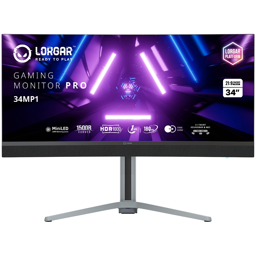 Monitor Gaming Curbat MiniLED VA Lorgar Pro 34MP1 34″ UWQHD (3440×1440), 180Hz, 1ms, AMD FreeSync™, NVIDIA G-Sync™ Compatible, HDR 1000, 1500R, Iluminare RGB, Boxe 2.1, USB Type-C, Hub USB, 2x HDMI, Display Port, Jack, Pivot, VESA, black/milky grey