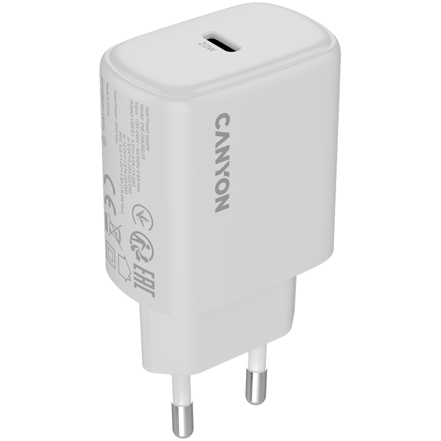 Încărcător mobil Canyon 20W USB-C, alb
