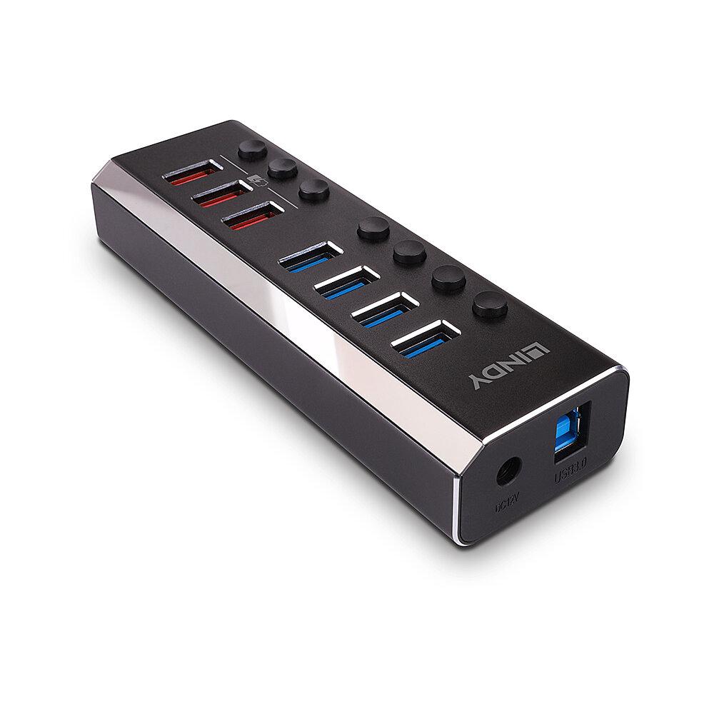 Hub USB LINDY 43371, 4 porturi USB 3.0 + 3 porturi USB Quick Charge 3.0, Negru-Argintiu