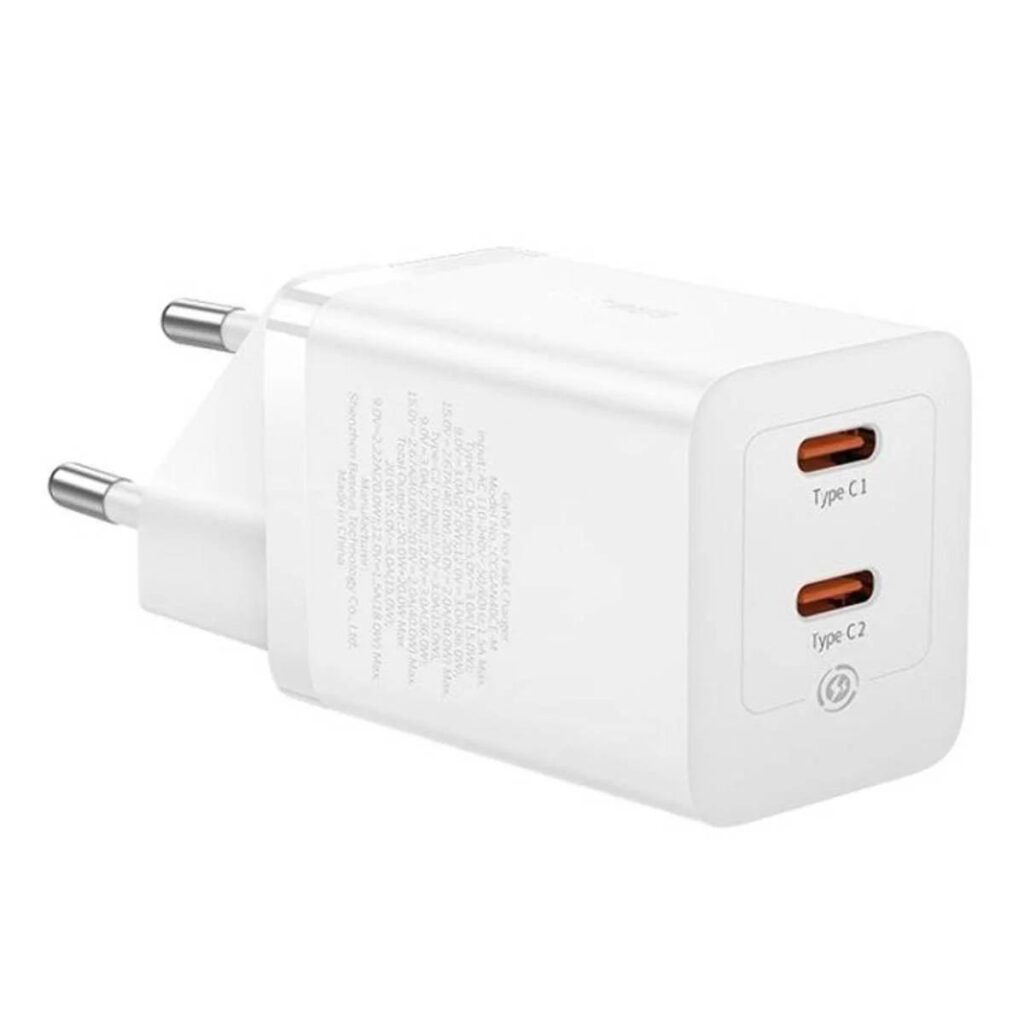 Încărcător rețea Baseus GaN5, 40W, 2 x USB Type-C, alb