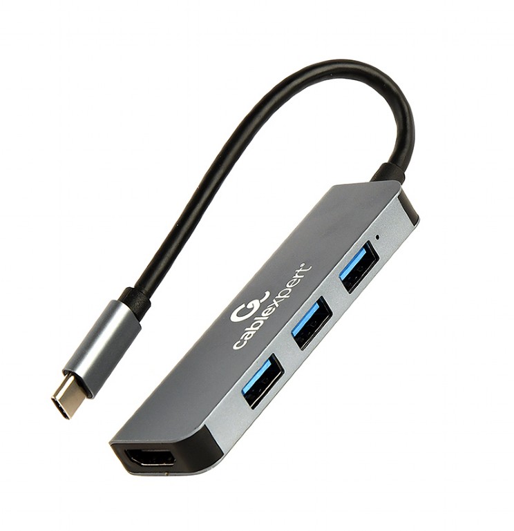 Adaptor USB tip C, interfata USB 3.2 gen.1, multifunctional, Cablexpert 12144, port HDMI 4K, HUB 3 x USB, gri Gri