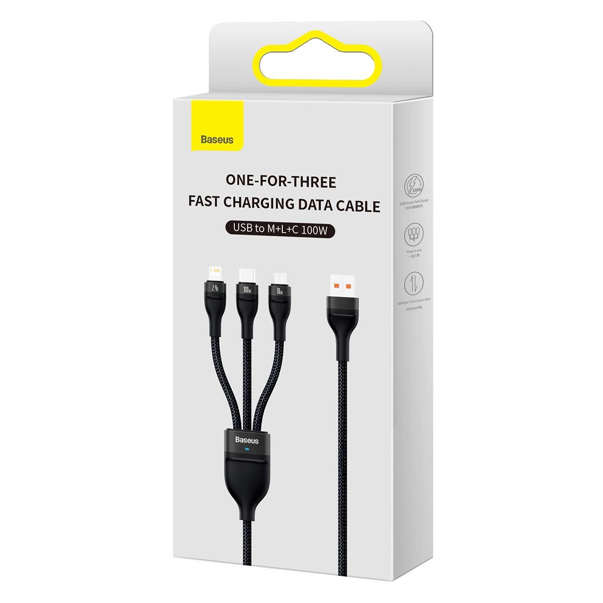 Cablu de date, Baseus, USB, USB-C + Micro USB + Lightning, 100 W, 1,2 m, Negru 4 Cablu de date, Baseus, USB, USB-C + Micro USB + Lightning, 100 W, 1,2 m, Negru - imagine 4