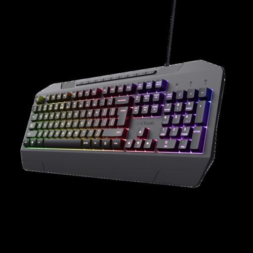 Tastatura Gaming Trust GXT836 EVOCX, membrană, iluminare LED RGB, 12 taste media, anti-ghosting, PC, laptop, negru