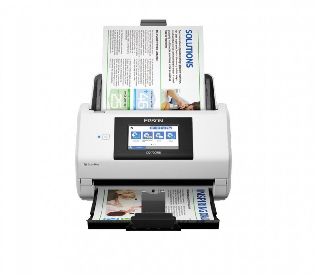 Scanner Epson DS-790WN, dimensiune A4, tip sheetfed, viteza scanare: 45ppm alb-negru si color, rezolutie optica 600x600dpi, ADF Single Pass 50 pagini, duplex, senzor CCD, Scan to Email