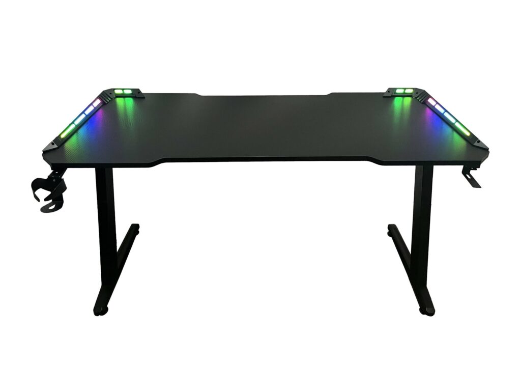Birou gaming Spacer, 140 x 60 cm, blat MDF invelit in textura de fibra de carbon, picioare reglabile, RGB, telecomanda wireless