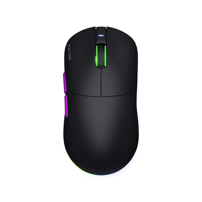 Mouse wireless Hator Quasar 3 ULTRA 8K, 30K DPI, conectivitate 2.4GHz, bluetooth 5.4 si USB, switch HATOR Optical 100M, side switch Huano 5M, negru
