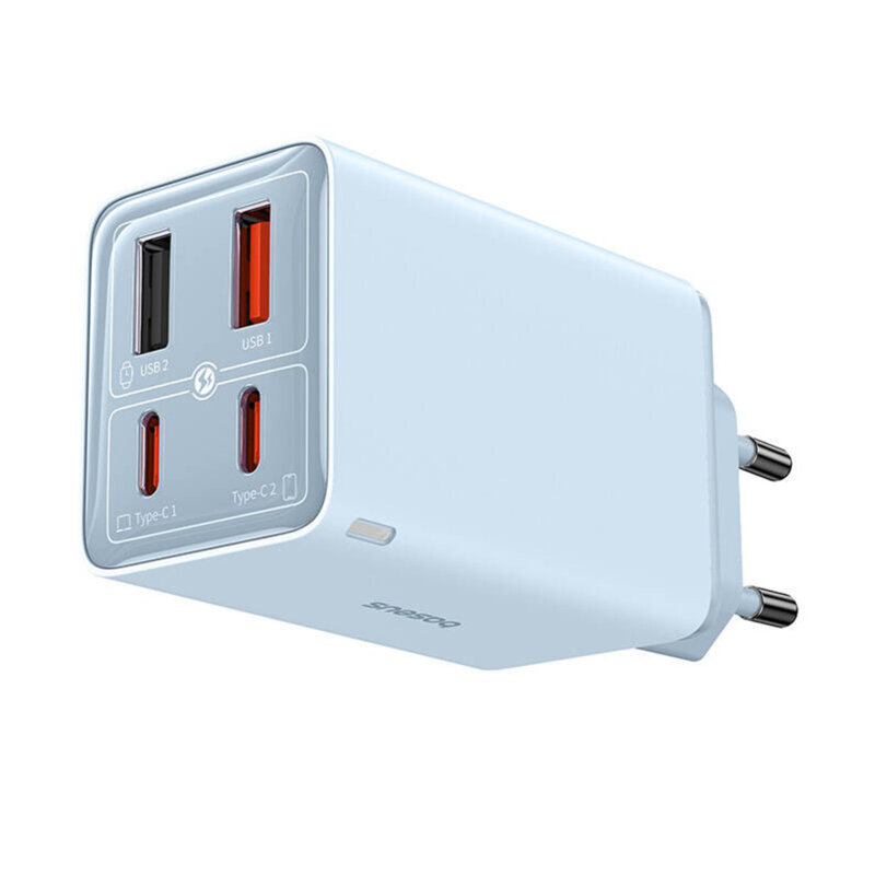 Incarcator retea Baseus GaN6 Pro, 65W, 2x USB si 2x USB-C, Fast Charge, Cablu USB-C la USB-C inclus, Albastru