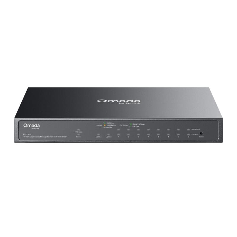 SWITCH TP-LINK Omada, 10-Port Gigabit Easy Managed Switch with 8-Port PoE+, 1× Gigabit SFP/RJ45 port, 63W buget POE, carcasa metalica „ES210GP” (timbru verde 2 lei)