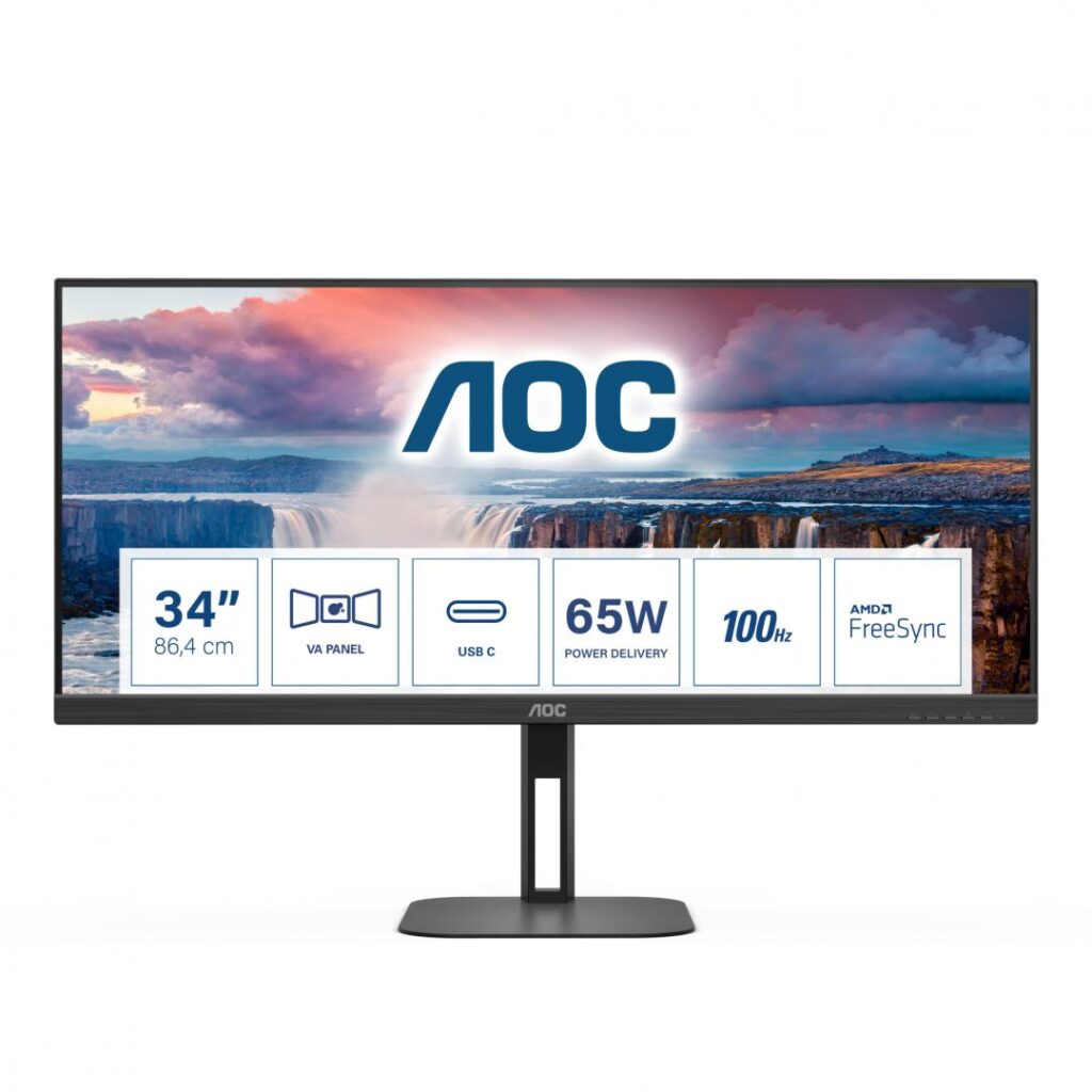 Monitor LED VA AOC U34V5C/BK 34″, UWQHD (3440×1440), 100Hz, 4ms GTG, AMD FreeSync™, Boxe, USB Type-C 65W, Hub USB, HDMI, DisplayPort, Pivot, VESA, negru