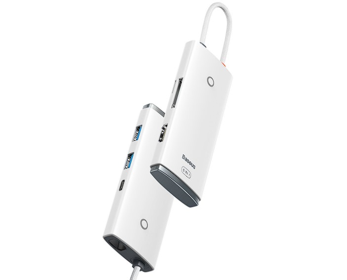 Hub Multiport USB-C Baseus Lite Series, USB Type-C la 2 x USB-A 3.0, 1 x USB-C PD, 1 x HDMI, SD/TF, Alb