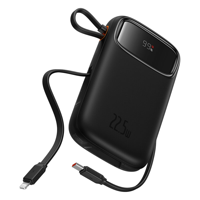 Acumulator extern Baseus Qpow2, 10.000 mAh, cablu dual USB-C si Lightning incorporat, Incarcare rapida, 22.5W, Digital Display, Negru