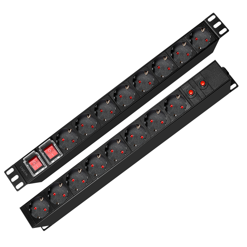 Prelungitor PDU LOGILINK 1U pentru rack 19 inch, 16 prize Schuko, intrare Schuko, max 16 A, dispuse 8 schuko front + 8 schuko back, ON/OFF x 2, prot. Suprasarcina, 2 m, negru