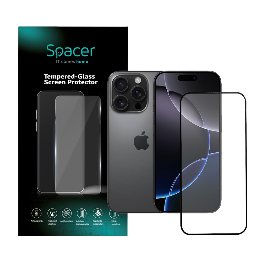 Folie sticla Spacer pentru Iphone 16 Pro, grosime 0.3mm, acoperire totala ecran, strat special anti-ulei si anti-amprenta, Tempered Glass, sticla 9D, duritate 9H