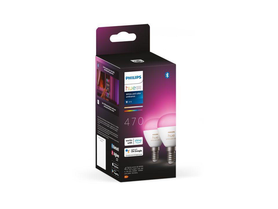 Pachet 2 becuri LED RGB inteligente Philips Hue P45, Bluetooth, Zigbee, E14, 5.1W, 470lm, lumina alba si colorata (2000-6500K), clasa energetica F