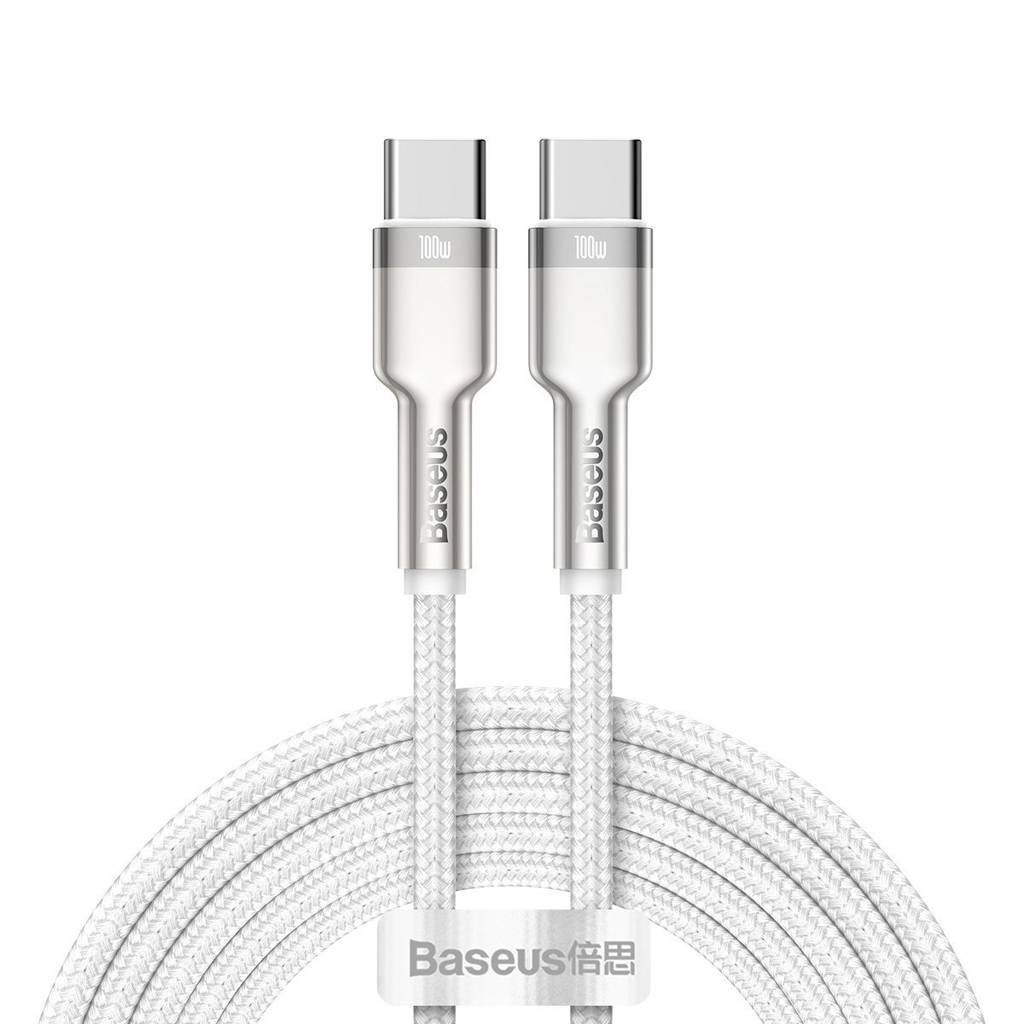 Cablu de Date USB Type-C la USB Type-C Baseus CATJK-D02, Mesh Textil, 100W 5A, Alb, 2 m