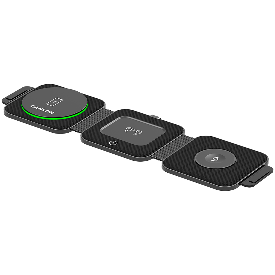 Incarcator fara fir, Canyon, 3 in 1, carcasa, pliabila, indicator de stare LED, negru