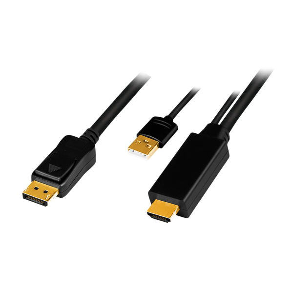 CABLU video LOGILINK, HDMI (T) 1.4 + USB (T) la DisplayPort (T) 1.2, 2m, conectori auriti, rezolutie maxima 4K (3840 x 2160) la 30 Hz, plastic, triplu ecranaj, USB powered, negru, „CH0091” (timbru verde 0.18 lei)