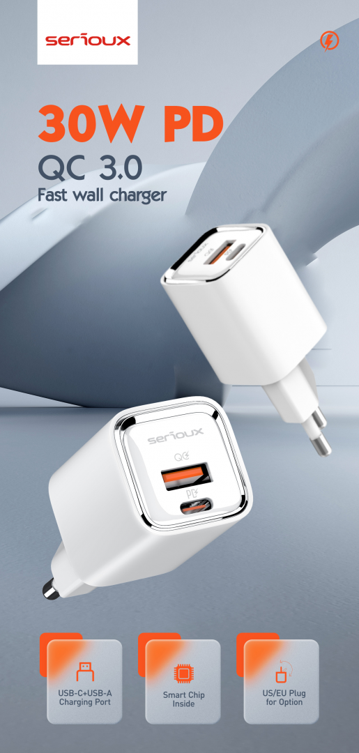 Incarcator retea Serioux QC30W, Quick Charge 3.0, 30W, 1x USB-C, 1x USB-A, cablu Type-C inclus, Alb 4 Incarcator retea Serioux QC30W, Quick Charge 3.0, 30W, 1x USB-C, 1x USB-A, cablu Type-C inclus, Alb - imagine 4