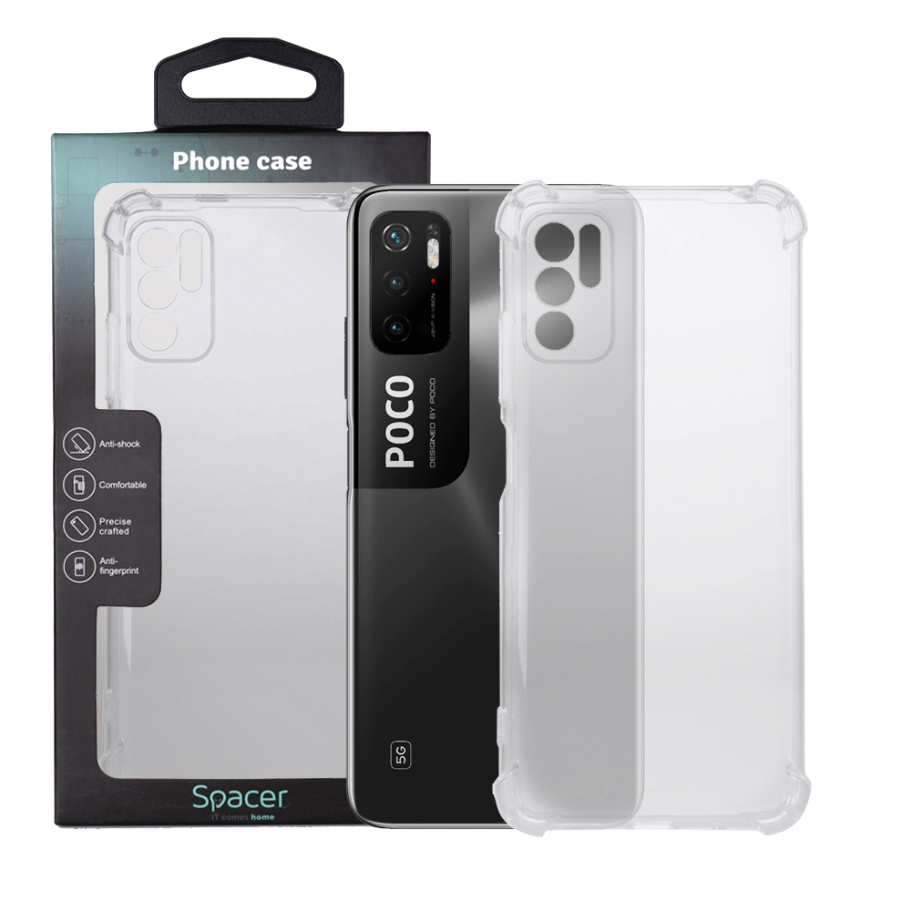 Husa de protectie Spacer pentru Xiaomi Pocophone M3 Pro 5G, protectie suplimentara antisoc la coltur material flexibil TPU, Transparenta