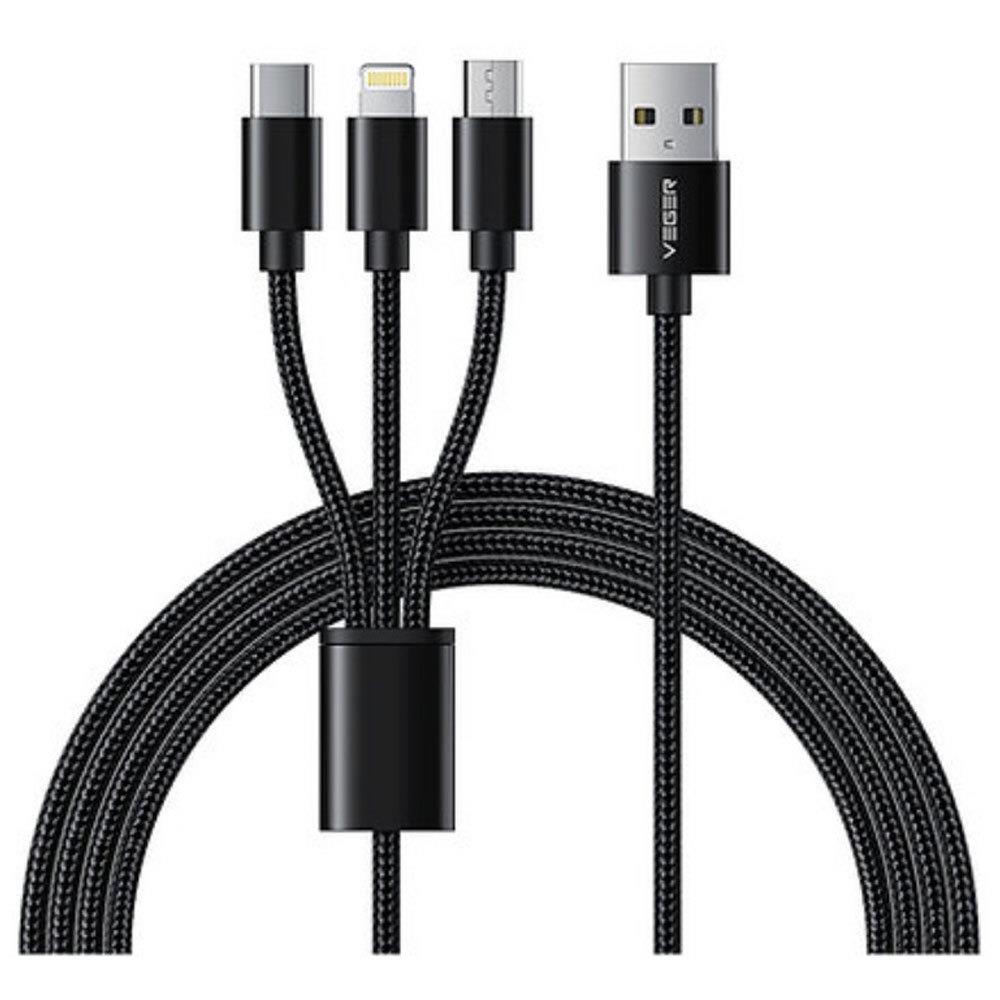 Cablu alimentare Veger V303, impletit, 3 in 1 Lightning/Type-C/micro USB, negru, 1.5m