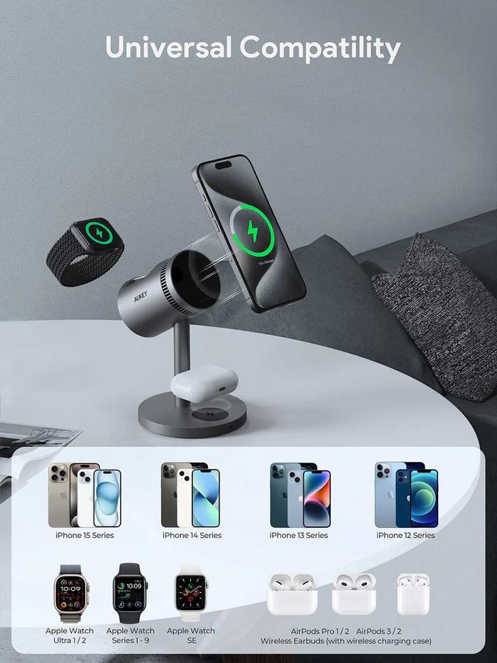 Incarcator AUKEY LC-MC311 3-in-1 desktop magnetic wireless charger, QI 2.0, 30W 3 Incarcator AUKEY LC-MC311 3-in-1 desktop magnetic wireless charger, QI 2.0, 30W - imagine 3