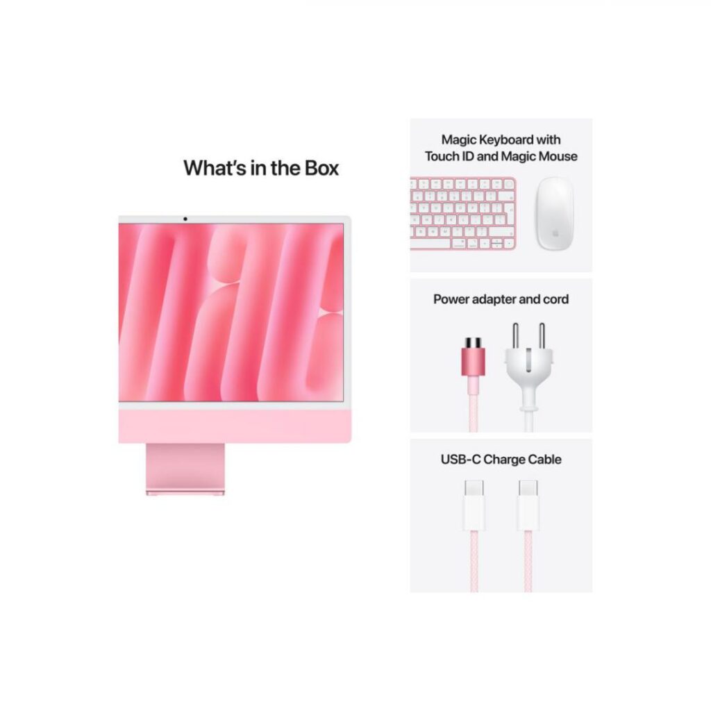 Sistem Desktop PC iMac 24″ (2024) cu procesor Apple M4, 10 nuclee CPU and 10 nuclee GPU, 24″, Retina 4.5K, 24GB, 512GB SSD, Pink
