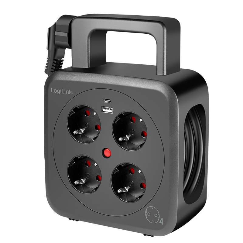 Prelungitor cu tambur Logilink LPS504, 4 prize, 1x USB-C PD 3.0, 1x USB-A QC 3.0, protectie la suprasarcina, IP20, H05VV-F 3G 1.5 mm², 5 m, Negru